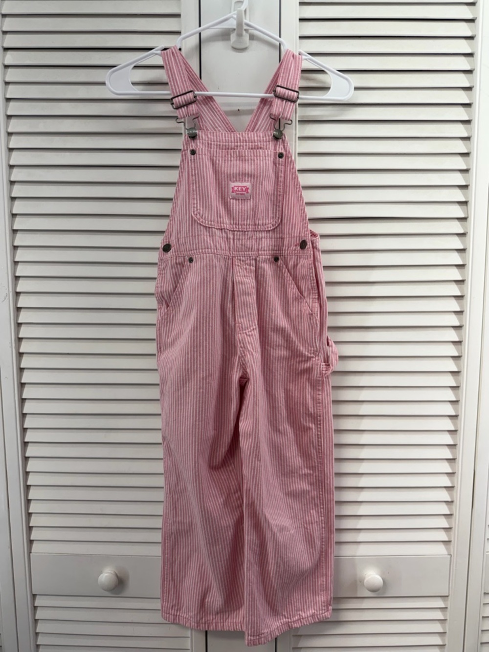 Key girls size 7 Pink & white Striped Overalls with Adjustable Straps